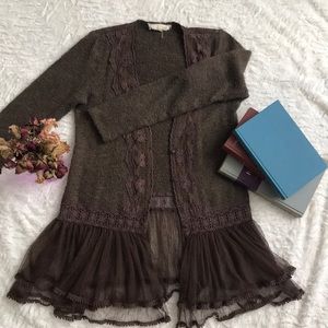 Brown Lace-Trimmed Cardigan